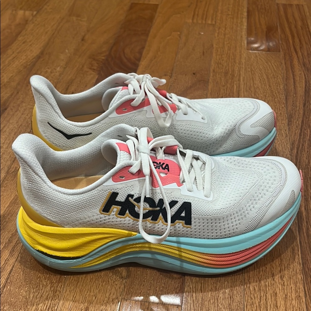 Hoka Skyward X Women’s size 8.5. White with pink/blue/yellow accents.